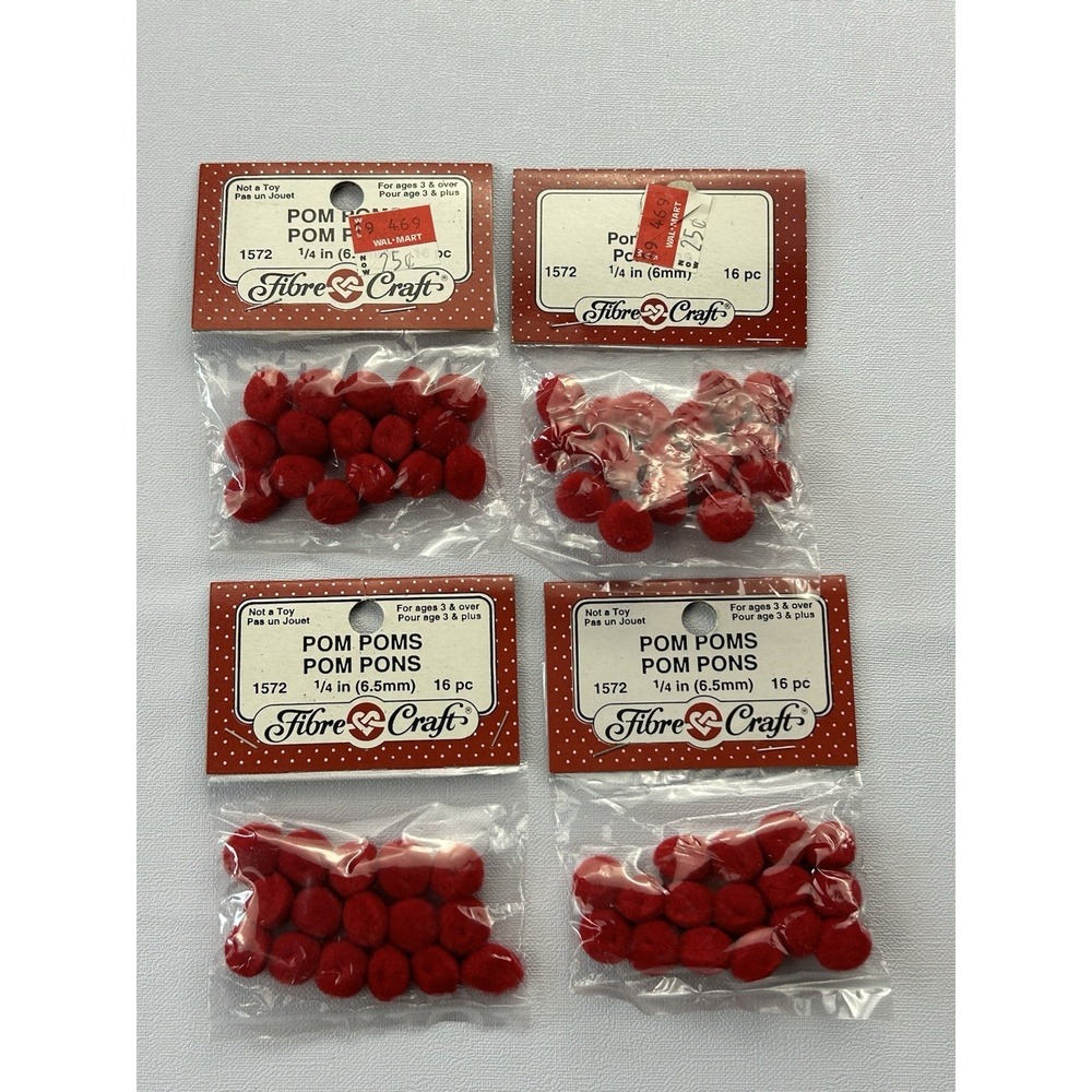 NOS Fibre Craft Red Pom Poms 1/4" Lot of 4 Packs Vintage Craft Supplies